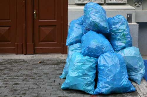 A collection of ten large blue plastic rubbish bags filled with waste, stacked on a paved sidewalk area in front of a brown wooden door and grey building façade. The bags are tightly tied at the top and vary slightly in size and shape, some appearing more rounded while others are more elongated. The pavement beneath them is made of grey concrete tiles with visible joint lines. The environment suggests an urban setting, likely a residential or commercial area in Hackney, with the bags awaiting rubbish removal or collection by a waste management service such as Commercial Waste Removal Hackney. The scene is well-lit, indicating daytime, with no other objects or people present in the immediate vicinity.